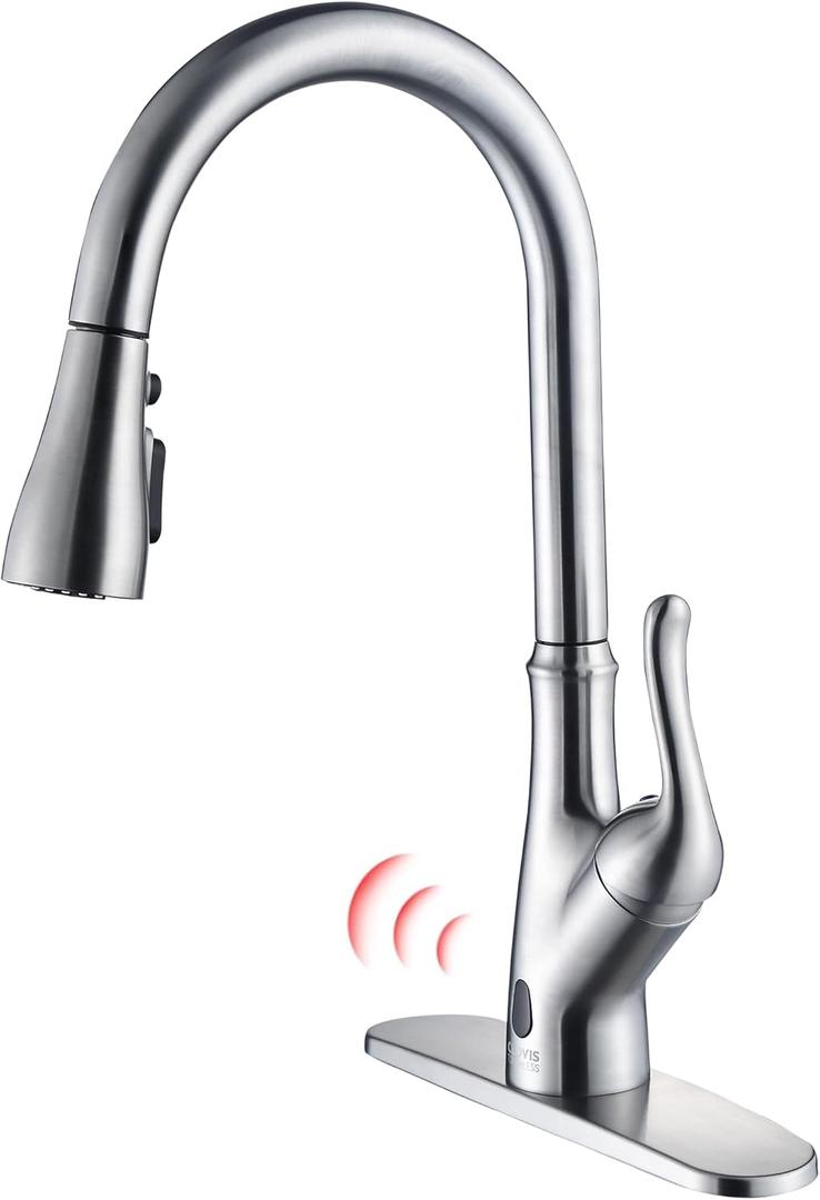 Touchless Kitchen Faucet with Infrared Sensor, Touch-On Kitchen Sink Faucet, Three-Function Pull-Down Spray, 360° Rotating Kitchen Faucet for Farmhouse Camper Laundry RV bar