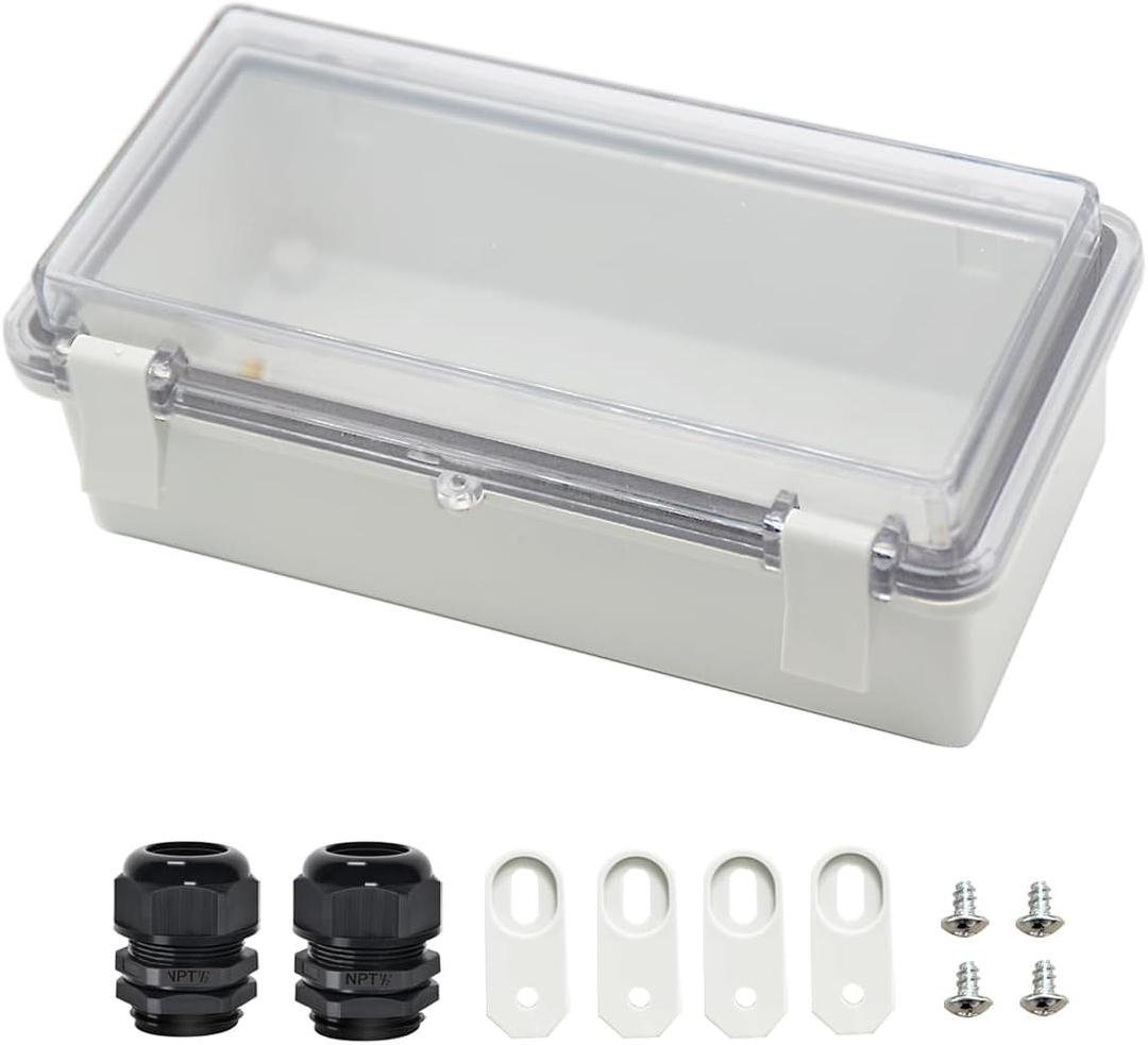 Zulkit Junction Box ABS Plastic Dustproof Waterproof IP65 Electrical Boxes Hinged Shell Outdoor Universal Project Enclosure Clear Cover with 2 Cable Glands 7.9 x 3.9 x 2.8 inch (200x100x70mm)