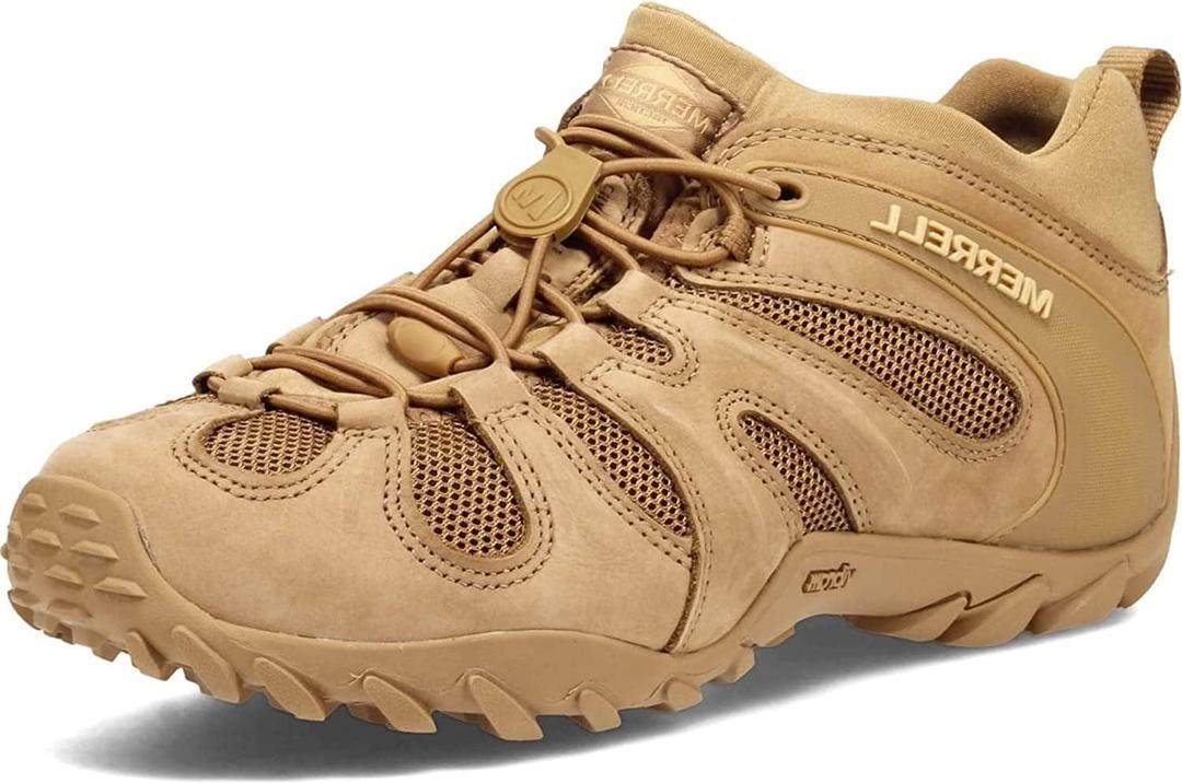 Merrell Men's Chameleon 8 Stretch Tactical Work Shoes, Waterproof Nubuck & Mesh Upper Ultra-Lightweight Hiking Combat Boots (10.5, Coyote)