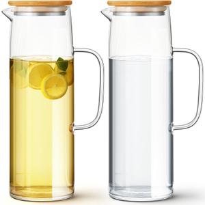 Hsei 2 Sets Glass Pitcher with Lid, 50 oz / 1500 ml Water Carafe with Handles Hot Cold Beverage Water Jar Glass Jug for Tea Juice Milk Coffee Iced Beverage
