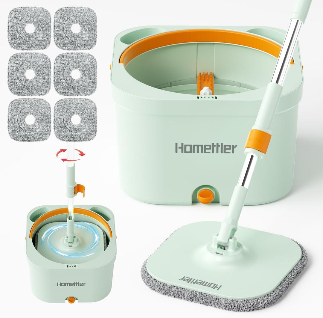 Spin Mop and Bucket with 6 Microfibra Replaceable Mop Pads, Self Separation Dirty and Clean Water System Self Wringing 360 Rotating Square Mop-Head (1 Bucket + 52'' Mop + 6 Microfibra Pads)