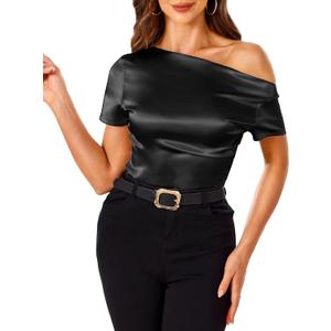 VIDUSSA Off Shoulder Tops for Women - Silk Satin Blouse Dressy Casual Short Sleeve Ruched Asymmetrical Summer Shirts (XX-Large, Black)