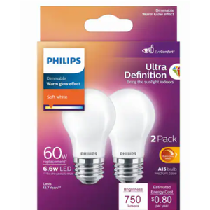 Philips LED 60-Watt Equiv 6.6-Watt A15 Frosted Ultra Definition Light Bulb Soft White 2700K
