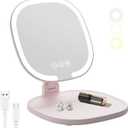 Rechargeable LED Travel Makeup Mirror, 3-Color Lighting, Dimmable Touch Screen, Multi Angle Adjustable, Foldable and Portable Desktop Vanity Mirror with Storage Tray (Pink)
