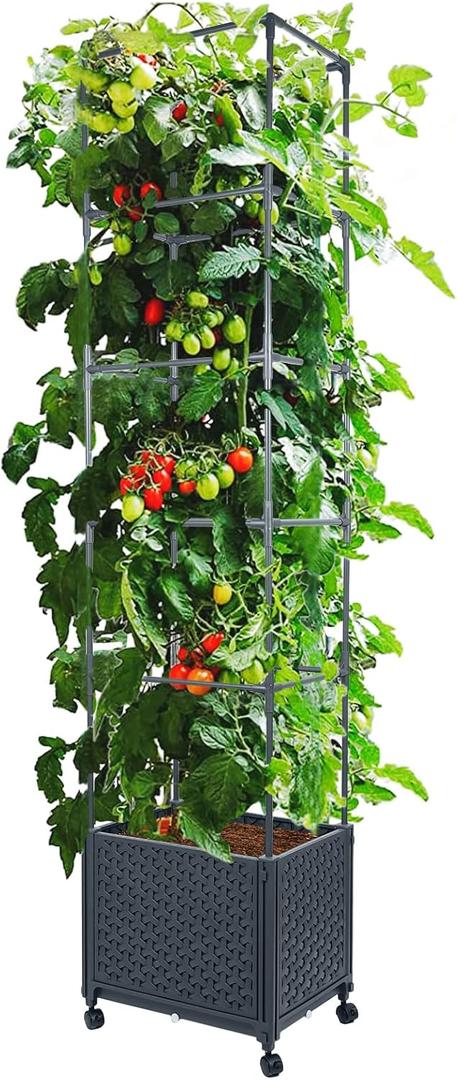 LINEX Raised Garden Bed Planter Box with Trellis, 67.6 Tomato Planters for Climbing Plants Vegetable Vine Flowers Outdoor Patio, Tomatoes Cage w/Self-Watering & Wheels, Size: 16.4"D x 12.4"W x 67.6"H