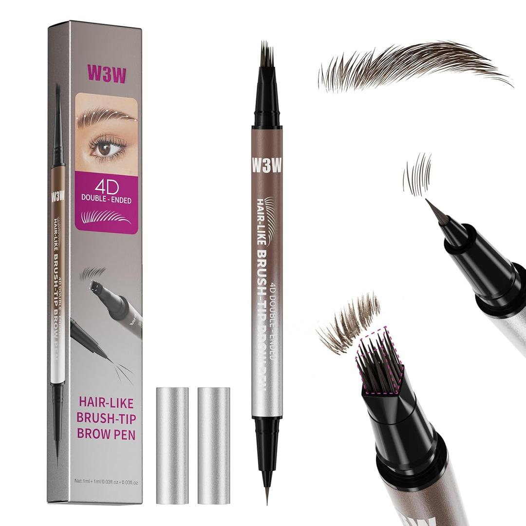 Eyebrow Pencils for Women, W3W 4D Dual-Ended Brow Pen, Angled Square Tip + Ultra-Fine Brush Tip, Waterproof Smudge-Proof, Natural Hair-Like Strokes, Brown (Medium Brown) (0.06 Fl Oz (Pack of 1))