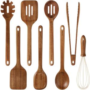 CAROTE Wooden Kitchen Utensils Set, Acacia Wood 8pcs Cooking Utensil Set for Nonstick Cookware, Long-lasting Wooden Spoons for Cooking, Spatula, Turner