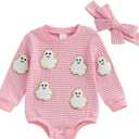 Newborn Baby Girl Halloween Outfit Pumpkin Stripe Long Sleeve Waffle Knit Romper Infant Bodysuit Fall Winter Clothes (3-6 Months, Pink)