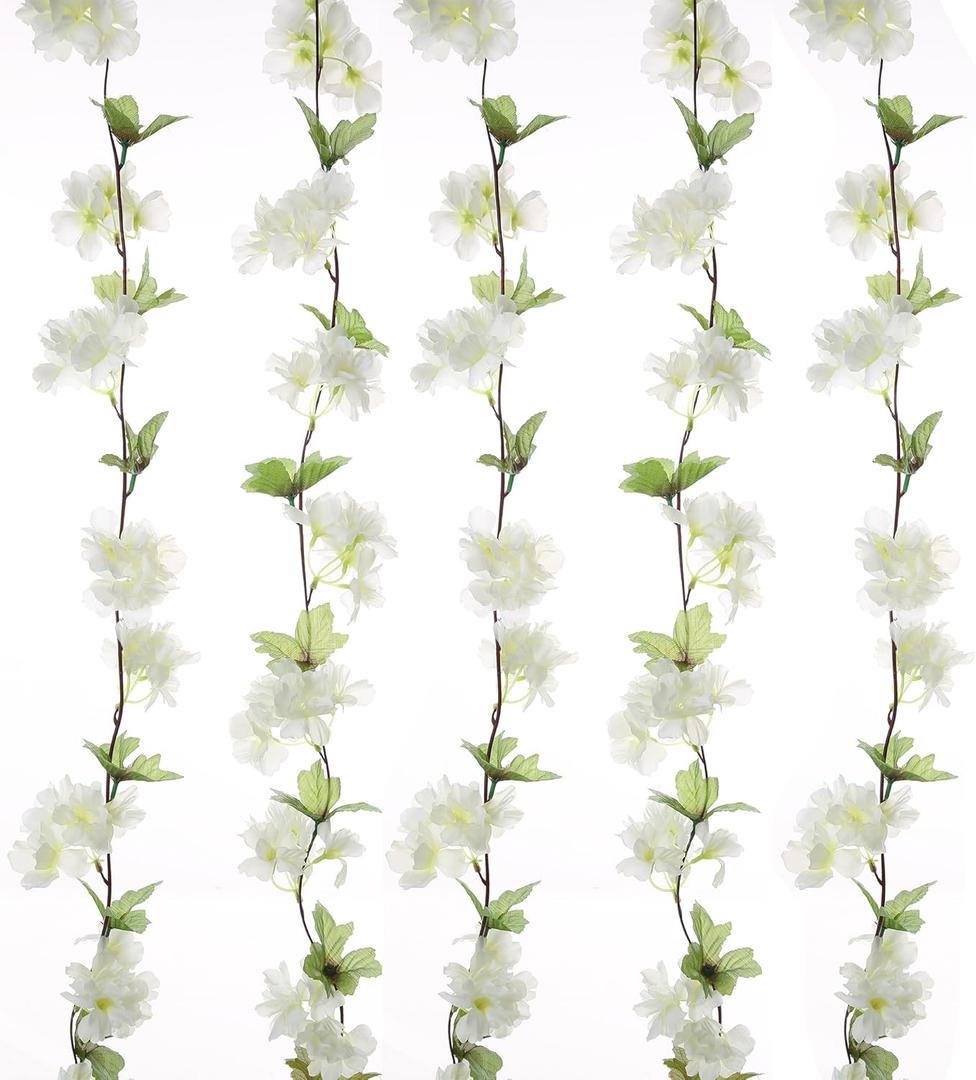 2Pcs Artificial Cherry Blossom Flower Garland Silk Fake Hanging Flower Vines for Home Wedding Decoration 7.2FT, White