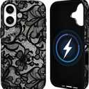 for iPhone 16 Case [Compatible with Magsafe] Lace Phone Case Vintage Floral Flower Dual-Layer Protective Shockproof Magnetic Cover for Women Girls - Black