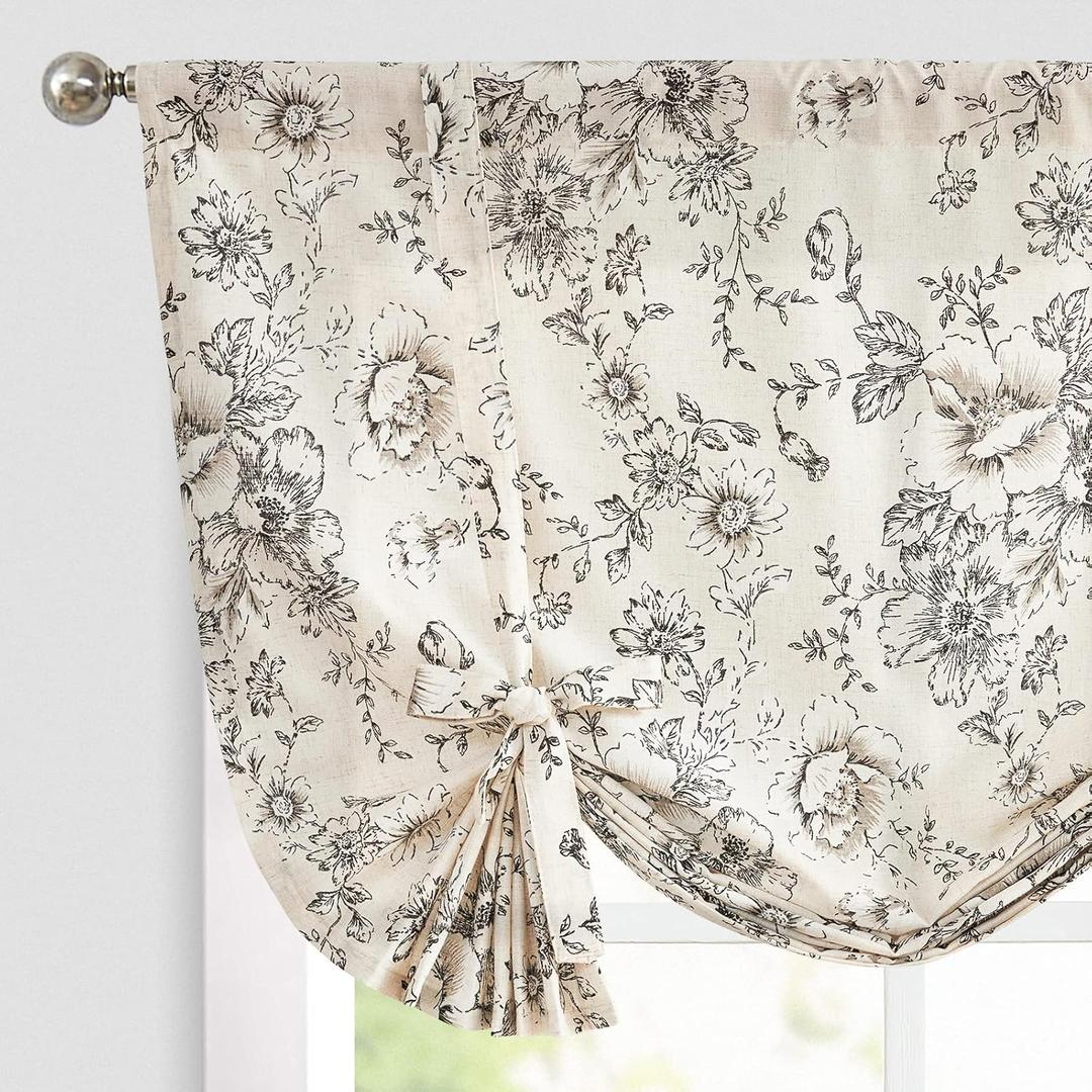 jinchan Tie Up Valance Curtain Floral Linen for Windows Farmhouse Valance 45 Inch Botanical Short Window Treatment Adjustable Length for Kitchen Living Room Light Filtering 1 Panel Black on Linen