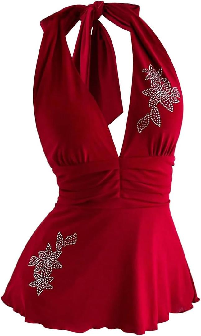 MakeMeChic Women's Summer Y2K Rhinestone Floral Halter Top Flared Hem Tie Back Peplum Tops (L)