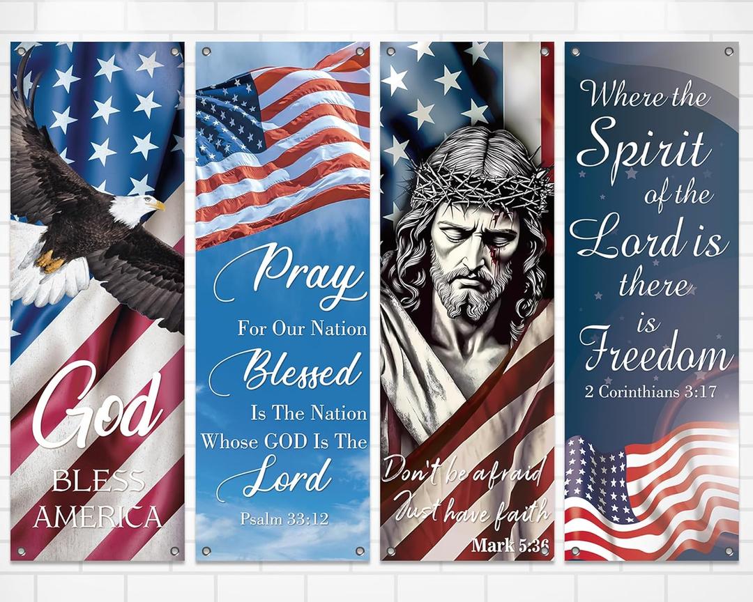 4Pcs Independence Day Church Banners for Sanctuary Wall 250 Anniversary USA 4th of July Religious Hanging Backdrop Church Banner with Scripture Worship Bible Verses for Patriotic Holiday Decor