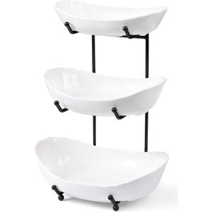 HBlife Fruit Bowl for Kitchen Counter - 3 Tier Ceramic Fruit Rack, Fruit Basket for Fresh Fruit&Veggies, Tiered Fruit Platter Serving Trays for Party (Large)