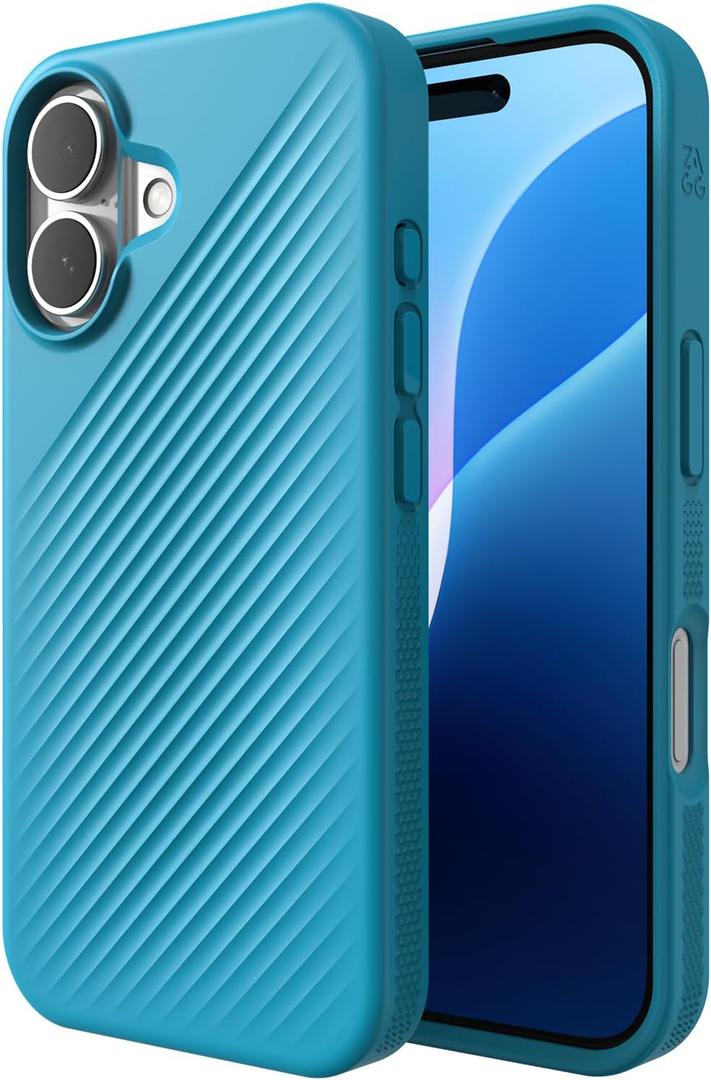 ZAGG Luxe Snap Case for iPhone 16 - MagSafe Wireless Charging, 10ft Drop Protection, Eco-Friendly, Graphene Reinforced, Ripple Design, River Blue