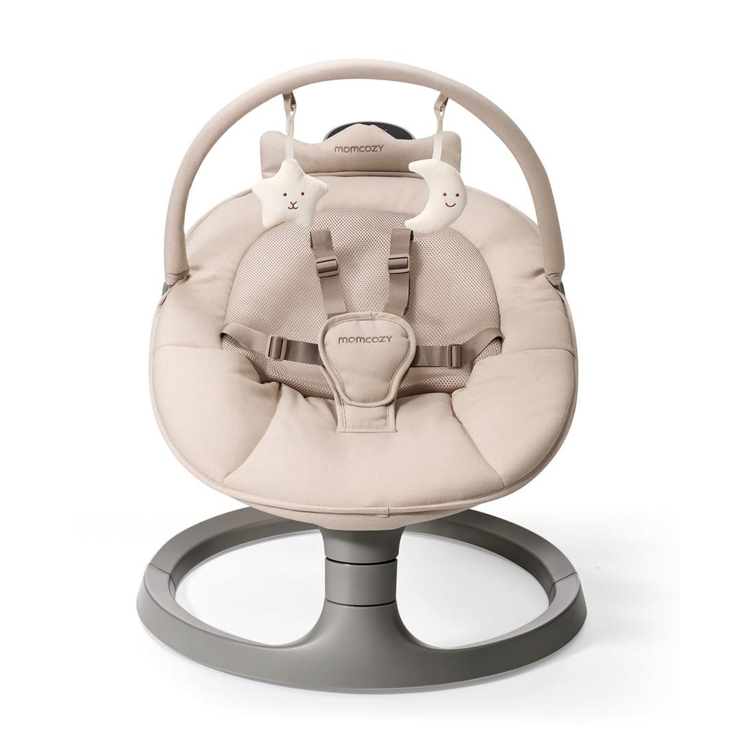 Momcozy 2-in-1 Electric Baby Swing, Dual-Arm Support System & Parent-Inspired Motions, Convertible to Toddler Seat up to 66 lbs, Adjustable Height, Lightweight, Khaki