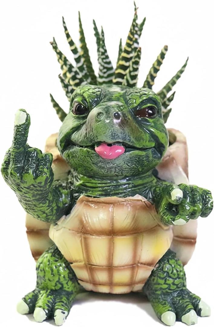 Turtle Succulent Pots with Middle Fingers Up, Middle Finger Gifts, Prank Flower Pot Resin for Indoor Outdoor