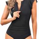 Tempt Me One Piece Swimsuits for Women Zip Front Rash Guard Short Sleeve Tummy Control Surfing Sport Bathing Suits Size XS