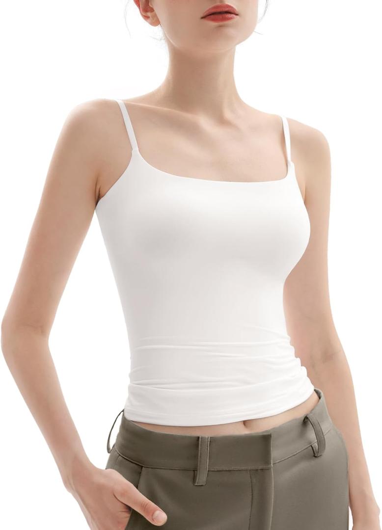 PUMIEY Women's Square Neck Tank Top Adjustable Spaghetti Straps Sleeveless Basic Tops Sharp Collection (Medium, Splashed White)