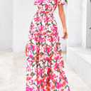 PRETTYGARDEN Women's 2026 Summer Boho Maxi Dresses Floral Short Sleeve V Neck A Line Tiered Flowy Long Beach Vacation Dress (Pink, XXL)