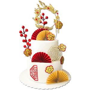 Red Series Cake Topper, Chinese Traditional Retro Style Cake Decoration, Suitable for Birthday, Graduation Celebration, Anniversary and Other Holiday Parties.