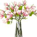 6 PCS 27inch Artificial Magnolia Flowers 3D Real Touch 24 Heads Faux Magnolia Flower buds Realistic Long Stem with lush Green Leaves for Home Wedding Table Office Floral Arrangement Decoration (Pink)