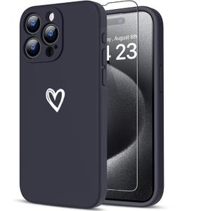 LUHOURI for iPhone 14 Pro Max Case with Screen Protector - Wireless Charging Compatible - Enhanced Camera Cover - Protective Silicone Phone Case with Cute Heart Design for Women 6.7" - Dark Blue