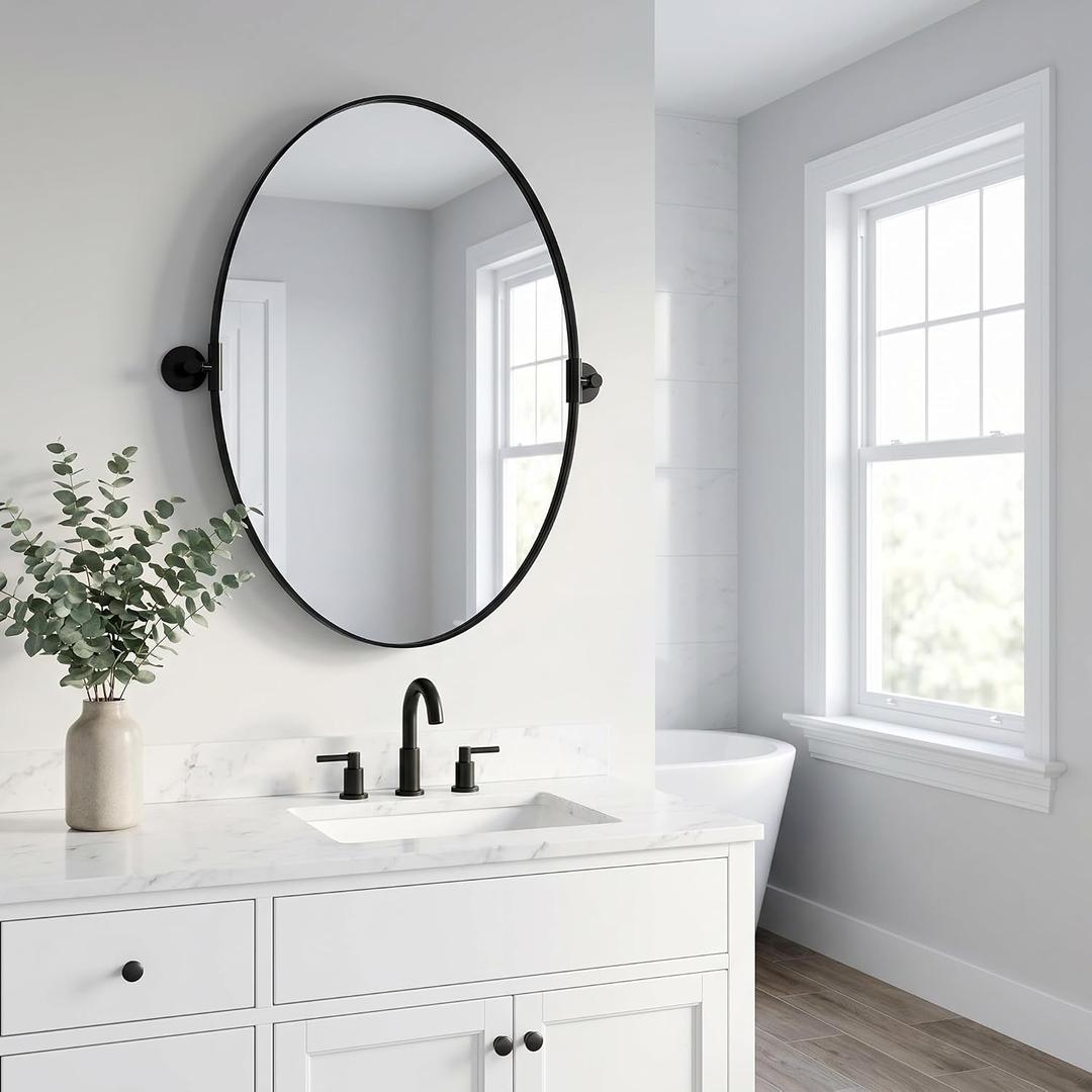 Pivot Oval Mirror 19.7x27.55 Inch Black Metal Tilting Wall Mirrors for Bathroom Vanity Living Room | Adjustable Frame & Shatter-Resistant Glass