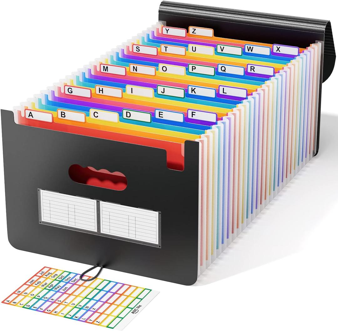 ABC Life 26 Pockets Accordion File Organizer, Expanding File Folders, Portable Monthly Bill Receipt Organizer with Colorful A-Z Tabs, Desktop Folders Letter A4 Paper Document Storage for Home Office
