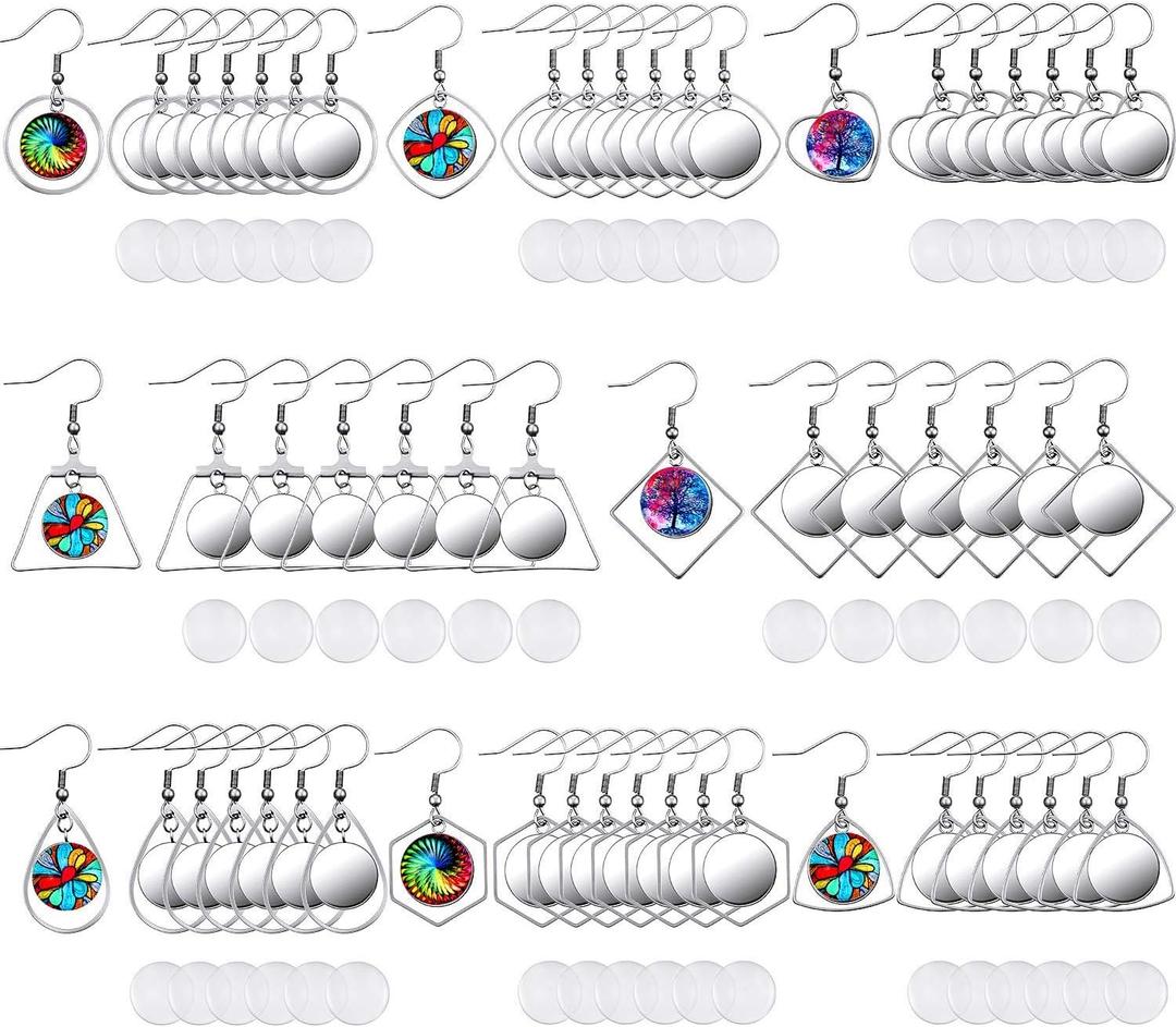 108 Pieces Stainless Steel Earring Bezel Blanks Wire Hooks Bezel Trays with 12 mm Glass Cabochons Setting for Jewelry Making DIY Craft