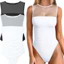 OQQ Women 2 Piece Bodysuit Mesh Ruched Sleeveless Turtle Neck Shapewear Body Suits One Piece Leotard Shirt Going Out Tops Small
