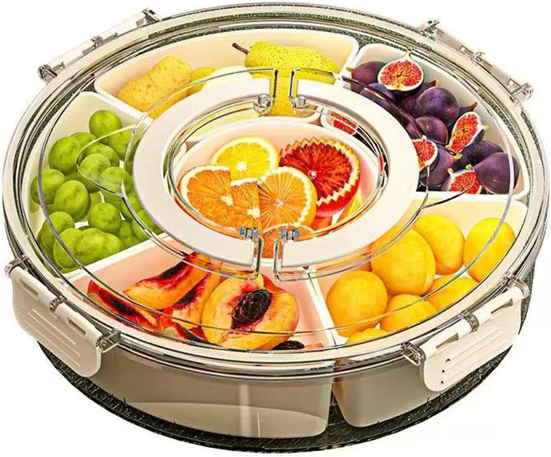 Divided Serving Tray with Lid and Handle,6 Compartments Portable Divided Snackle Box Container,Round Portable Snack Tray Veggie Tray with Lid,Clear Lazy Susan Snack Box for Fruit,Veggie,Candy,Nuts