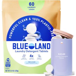 BLUELAND Laundry Detergent Tablets, Starter Set, 60 Count with Tin, Plastic-Free Eco-Friendly Pods, Sheets, Liquid Alternative - Fragrance Free and Clear, Natural, Gentle