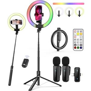 Vlogging Kit for iPhone/Android, 10 Ring Light with Stand, 74 Tripod for iPhone with Light, Microphone, YouTube Starter Kit for TikTok Content Creator