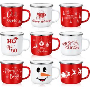 Zhehao 9 Pcs 11 oz Christmas Mugs Holiday Hot Chocolate Mugs Seasonal Cute Enamel Tea Cups Red and White for Coffee Cocoa Adult Kids Christmas Coworkers Gifts Winter Holiday