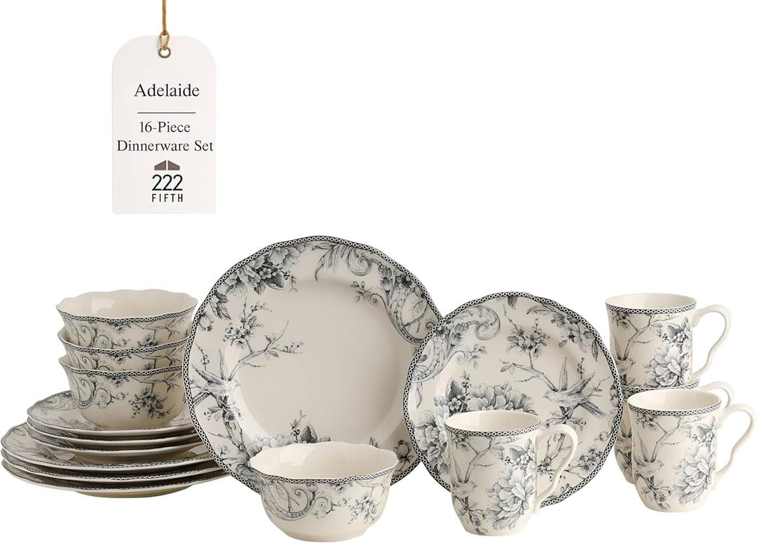 222 Fifth Adelaide 16-Piece Casual Grey Porcelain Dinnerware Set  Service for 4, Classic Toile Bird & Floral Design, Microwave & Dishwasher Safe, for Everyday Dining & Entertainment
