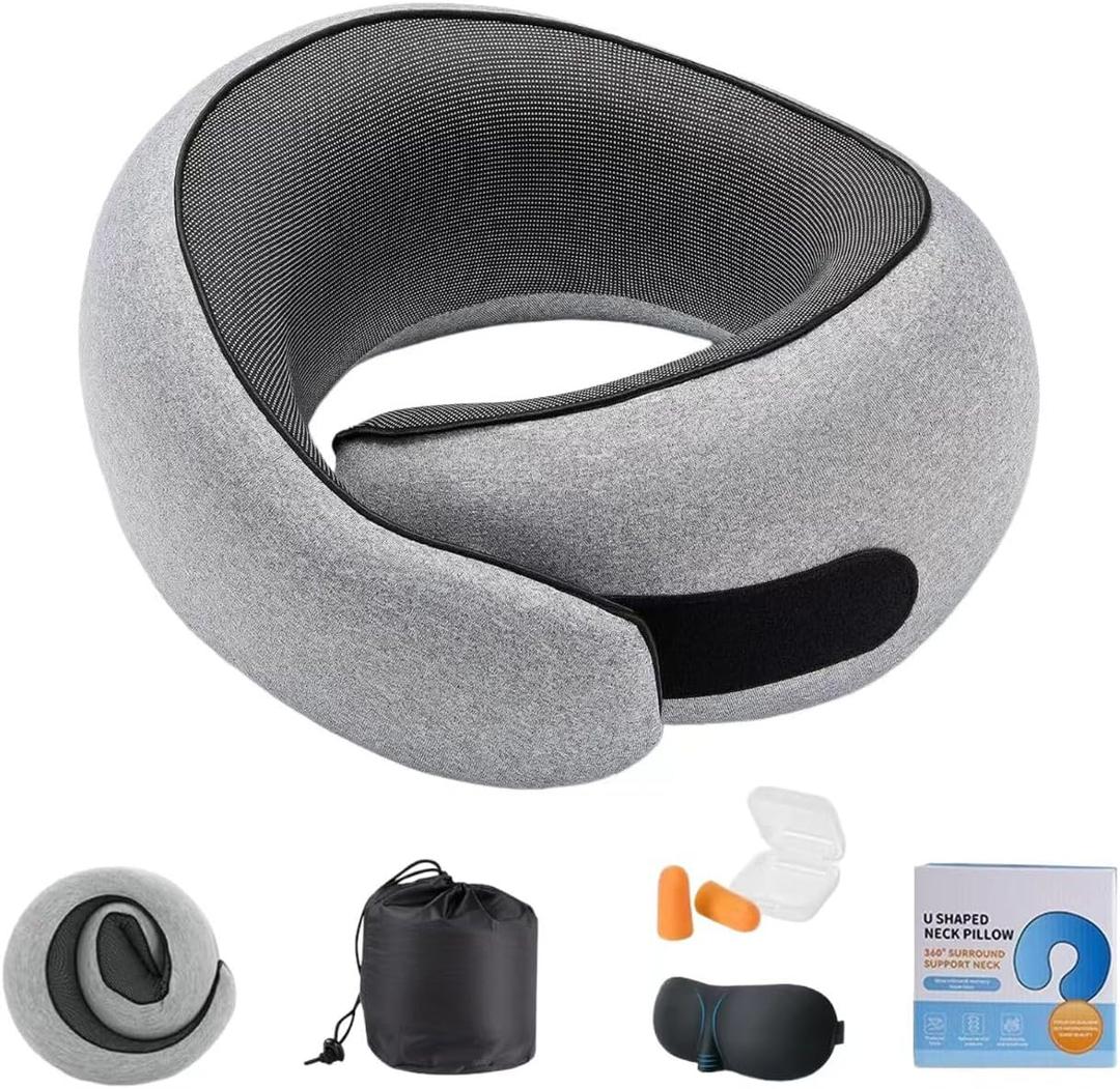 Travel Pillows for Airplanes, 360 Surround Support Memory Foam Airplane Neck Pillow, Comfortable Eye Masks and earplugs, Portable Washable Design for Long Flights, Car Rides & Road Trips (Grey)