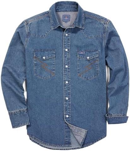 HISEA Men's Denim Shirt Long Sleeve Work Shirt Mens Regular Fit Button Down Shirts Cotton Work Shirts Washed Finish 3XL