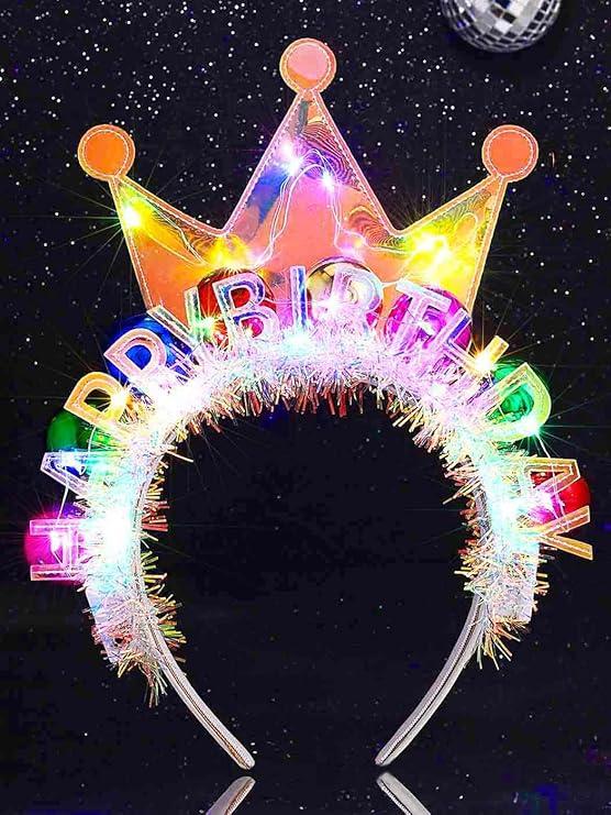 Zoestar Light Up Happy Birthday Crown Headband Glow Ball Hair Bands Sparkly Birthday Party Hair Accessories Women