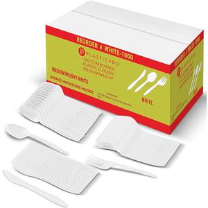 1000 Combo Pack Plastic Cutlery, Medium Weight White