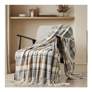 EVERGRACE Plaid Chenille Throw Blanket for Couch, Super Soft Cozy Decorative Farmhouse Plaid Throw with Tassels, Lightweight Chenille Knit Throw for Bed Sofa Gift Home Decor, Grey & Beige 50"x60"