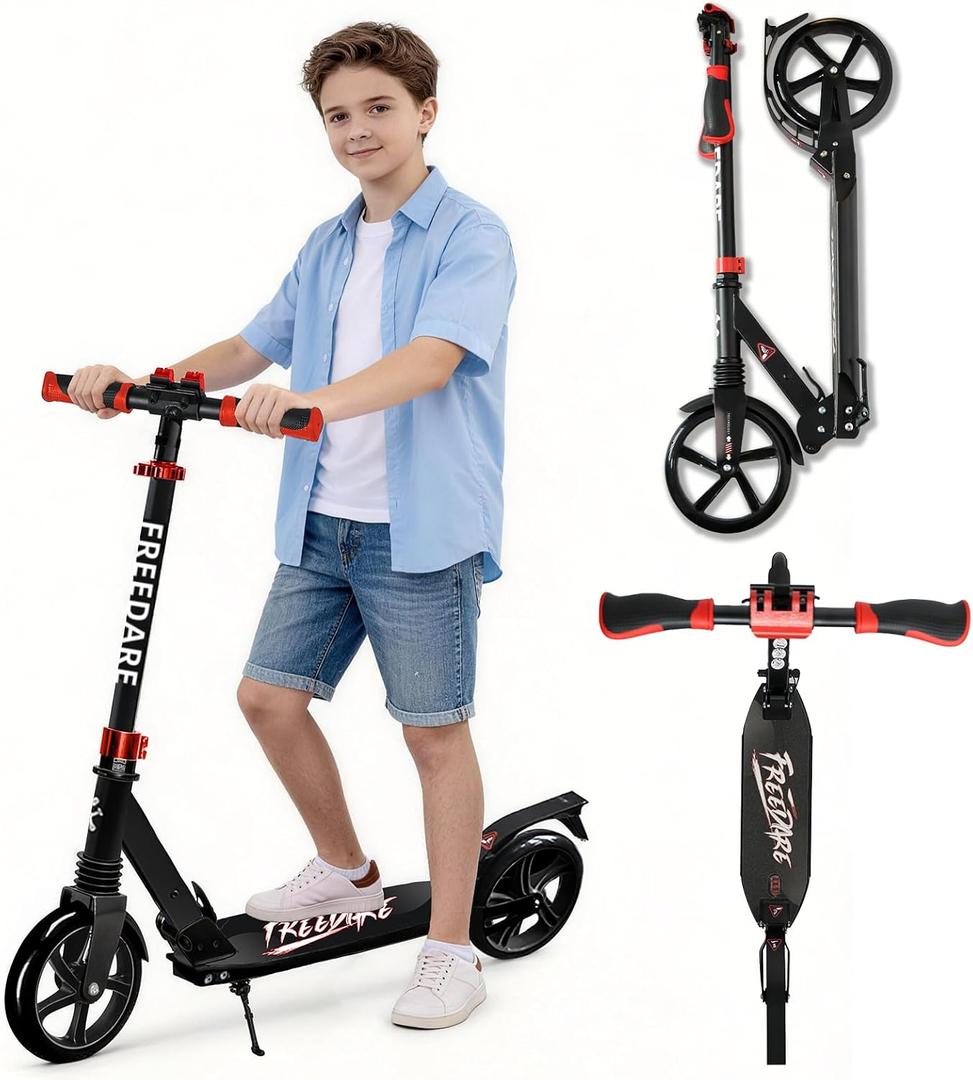 FREEDARE Kick Scooter for Kids & Adults Ages 8+, Foldable Teen Scooter with 2 Big 8-inch Wheels and 4-Level Adjustable Handlebar, Max Load 220 LBS