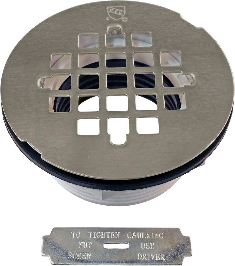 Westbrass A206P-07 2" No-Caulk PVC Compression Shower Drain with 4-1/4" Round Grid Cover, Satin Nickel