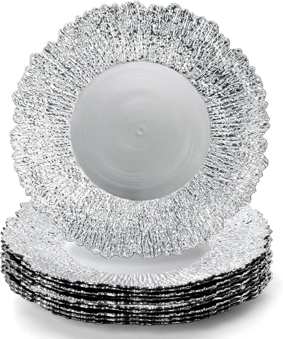 Coloch Set of 12 Plastic Charger Plates, 13" Reusable Reef Serving Charger for Dinner Plate Round Shiny Decorative Charger Plate for Wedding, Catering, Parties, Restaurant, Home Dinner Use (Silver)