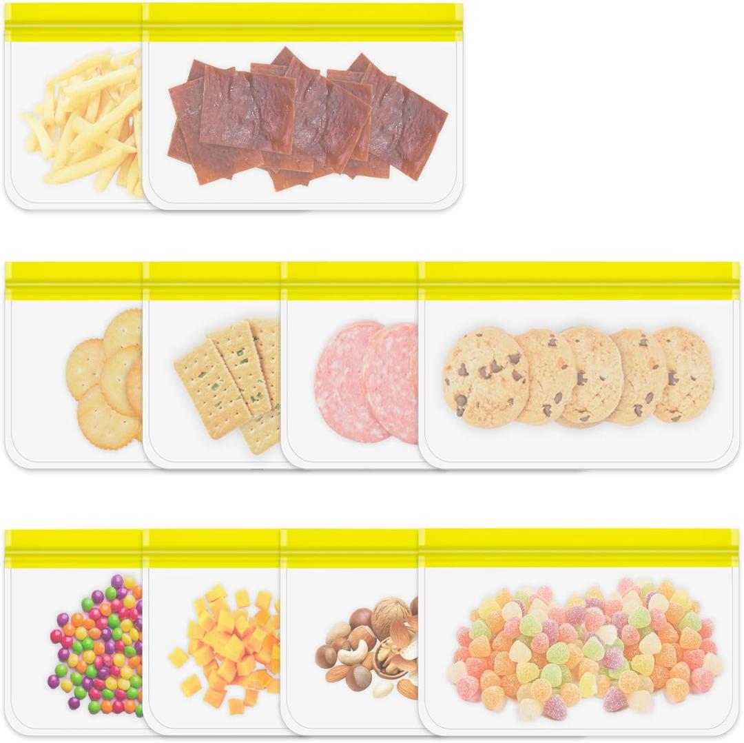 2 x Reusable Snack Bags, 10 Pack 8.7x5.3 Inch Dishwasher Safe Silicone Food Storage Bags for Marinating Meats, Sandwich, Cereal (Yellow)