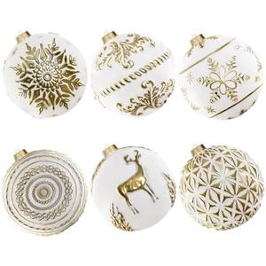 Lanpn 6 Pcs 6" Large Christmas Balls Ornaments, Outdoor Xmas Tree Hanging Decorations, Shatterproof Christmas Ball Ornament Set for Home Winter Holiday, Assorted Relief Pattern, White & Dark Gold