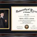 GraduationMall 11x19 Mahogany Diploma and Photo Frame for 8.5x11 Certificate,5x7 Picture,Real Glass,Black over Gold Double Mat
