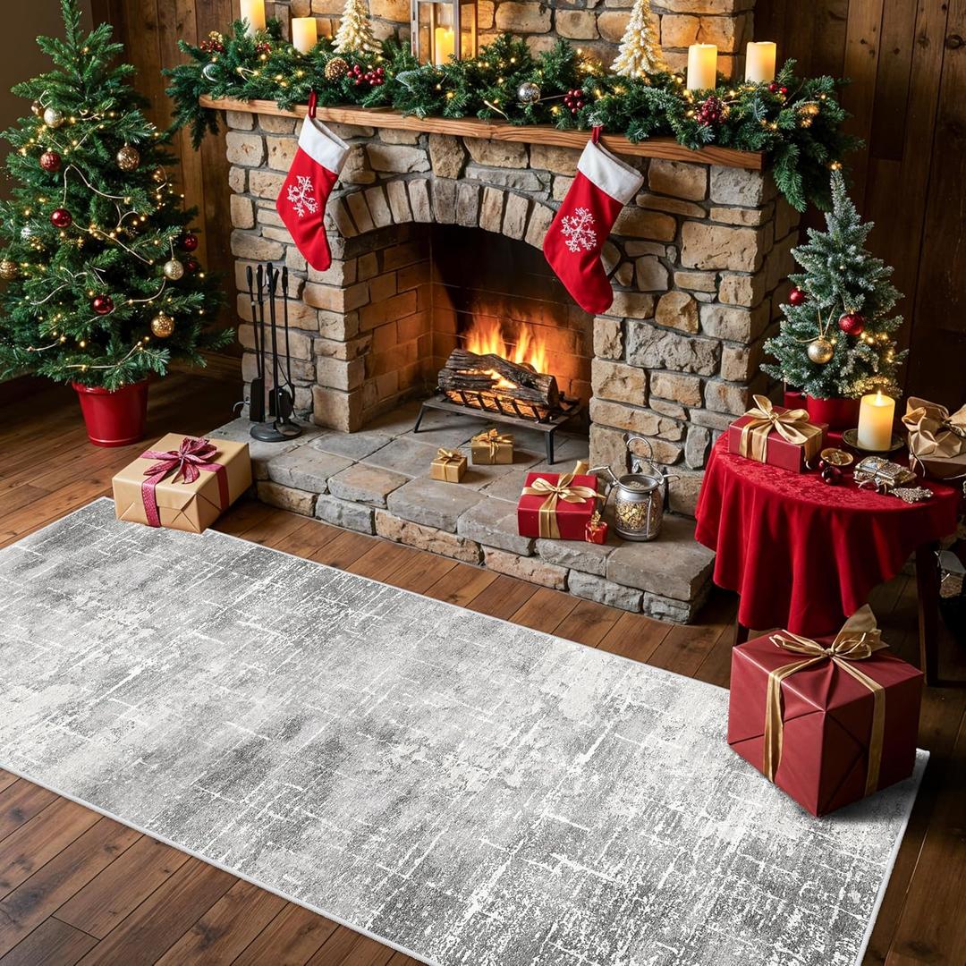 Washable Abstract 2x6 Kitchen Rug: Non-Slip Sink Stove Floor Mat Water-Resistant Entryway Bathroom Carpet Soft Dining Room Bedroom Runner for Family with Elderly Dogs Modern Home Decor(2x6 Light/Grey)