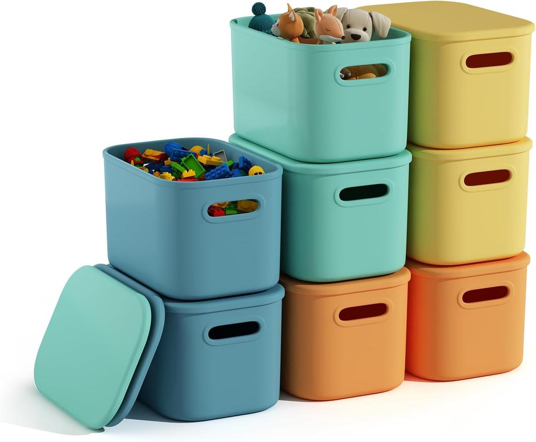 8 Pack Colorful Storage Bins with Lids for Shelves, Classroom Storage Bins, Stackable Colored Bins, Plastic Storage Containers with Lids for Organizing, Storage Boxes for Craft, Art Supplies