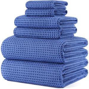 POLYTE 430 GSM Microfiber Quick Dry Lint Free Oversize Bath Towel Set, 6 Piece (Waffle Weave) (Royal Blue)